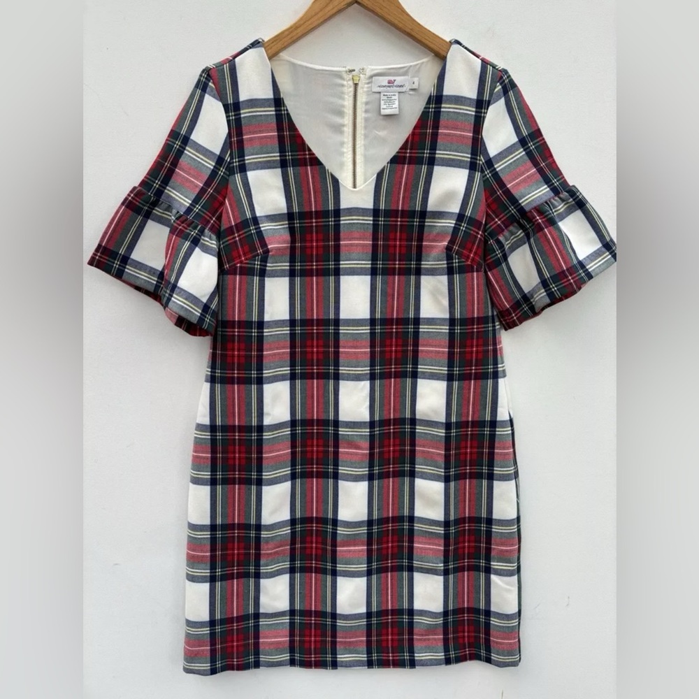 Vineyard Vines Jolly Plaid Greenwich Flutter Sleeve Dress Womens Red Sz 14 NWT